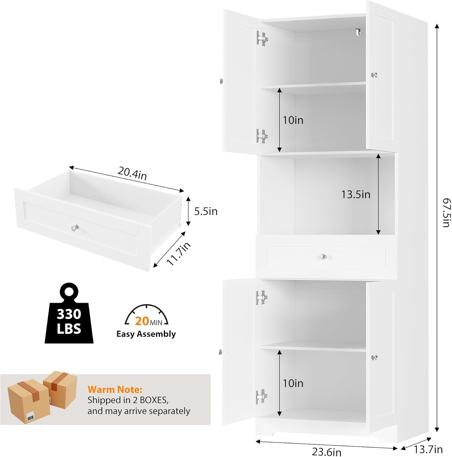 HIFIT 2 Pcs Tall Kitchen Pantry Cabinet, Large Kitchen Hutch Storage Cabinet with Doors & Wide Shelves, 67" Tall Modern Coffee Bar Cabinets with Drawers Cupboard Set for Home Dining Living Room, White