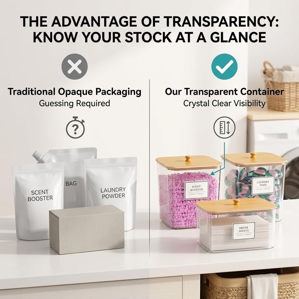 FUSHITON Laundry Pods Storage Container, 3+1 Clear Storage Bins with Bamboo Lids for Detergent Pods, Scent Beads & Dryer Sheets, Includes 16 Labels and 3 Measuring Scoops