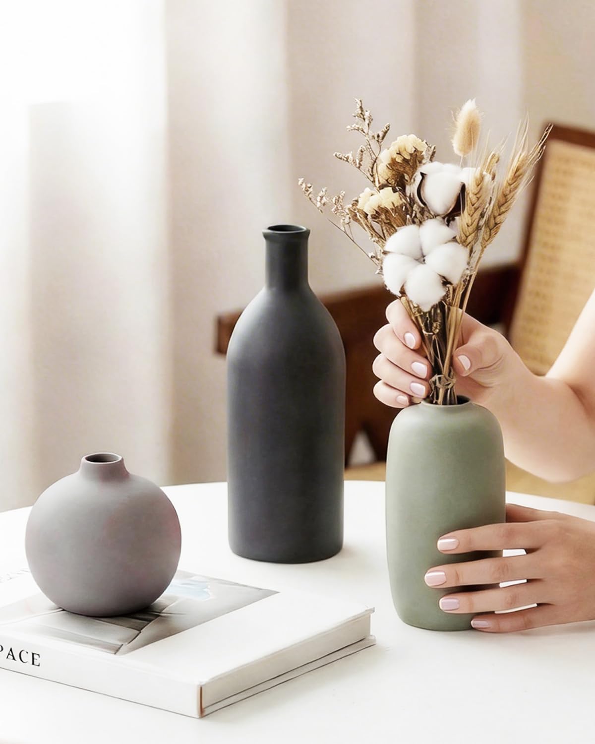 Ceramic Modern Vase Set of 3, Neutral Small Decorative Pottery Vases | Rustic Farmhouse Decor for Pampas Grass, Dried or Fresh Flowers, Perfect Vase Decor for Shelves&Small Spaces, Morandi Color
