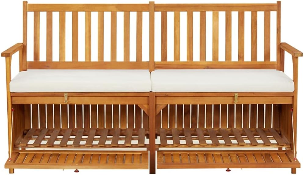 Outdoor Storage Bench with Cushion, Solid Acacia Wood Entryway Seating for Garden, Patio, and Living Room, 58.3 Inch Wide