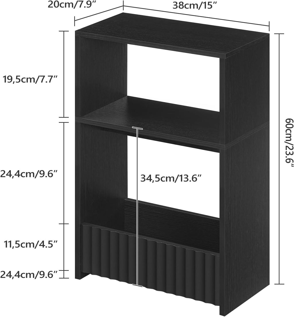 MAHANCRIS Narrow Side Table, 3-Tier Small End Table with Storage Shelf, Skinny Nightstand Sofa Table for Small Spaces, Slim Bedside Table with Magazine Holder for Living Room, Bedroom, Bathroom, Black
