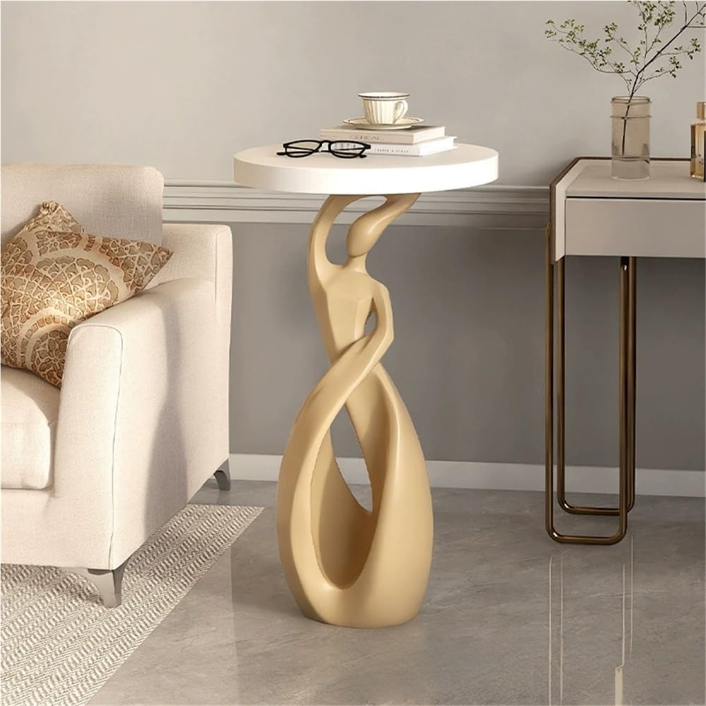 Modern 28.3'' Tall Round End Table, Small Coffee Table with Abstract Sculpture Base, Resin Sofa Side Tables, Elegant Art Accent Tables for Living Room Bedroom Office Small Spaces(Gold)
