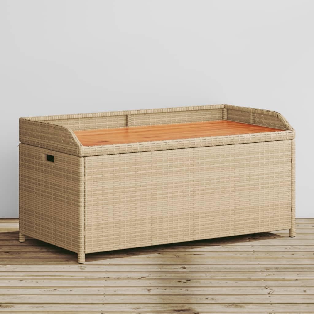 Beige Brown Outdoor Storage Bench, Acacia Wood Poly Rattan Patio Furniture, Weatherproof Garden Seating for Porch, 2-Person Capacity Bench Seating