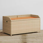Beige Brown Outdoor Storage Bench, Acacia Wood Poly Rattan Patio Furniture, Weatherproof Garden Seating for Porch, 2-Person Capacity Bench Seating