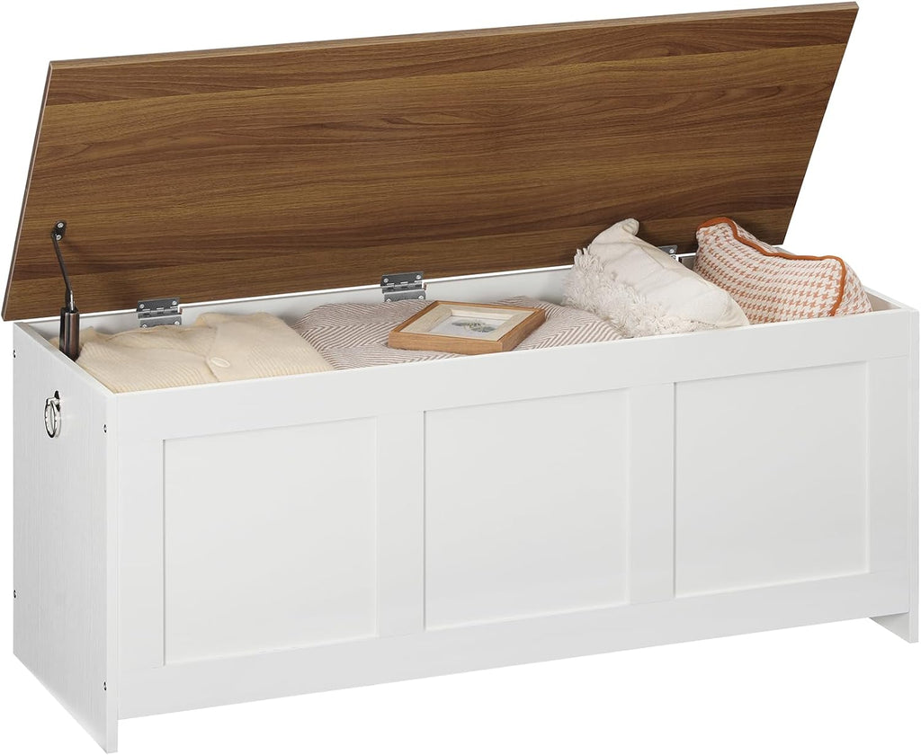 HOOBRO Storage Bench, 39.3" Retro Wooden Storage Chest, Wooden Storage Trunk, Toy Chest with Lift Top, Multifunctional Entryway Organizer, for Entryway, Living Room, White and Walnut WH141CW01G1