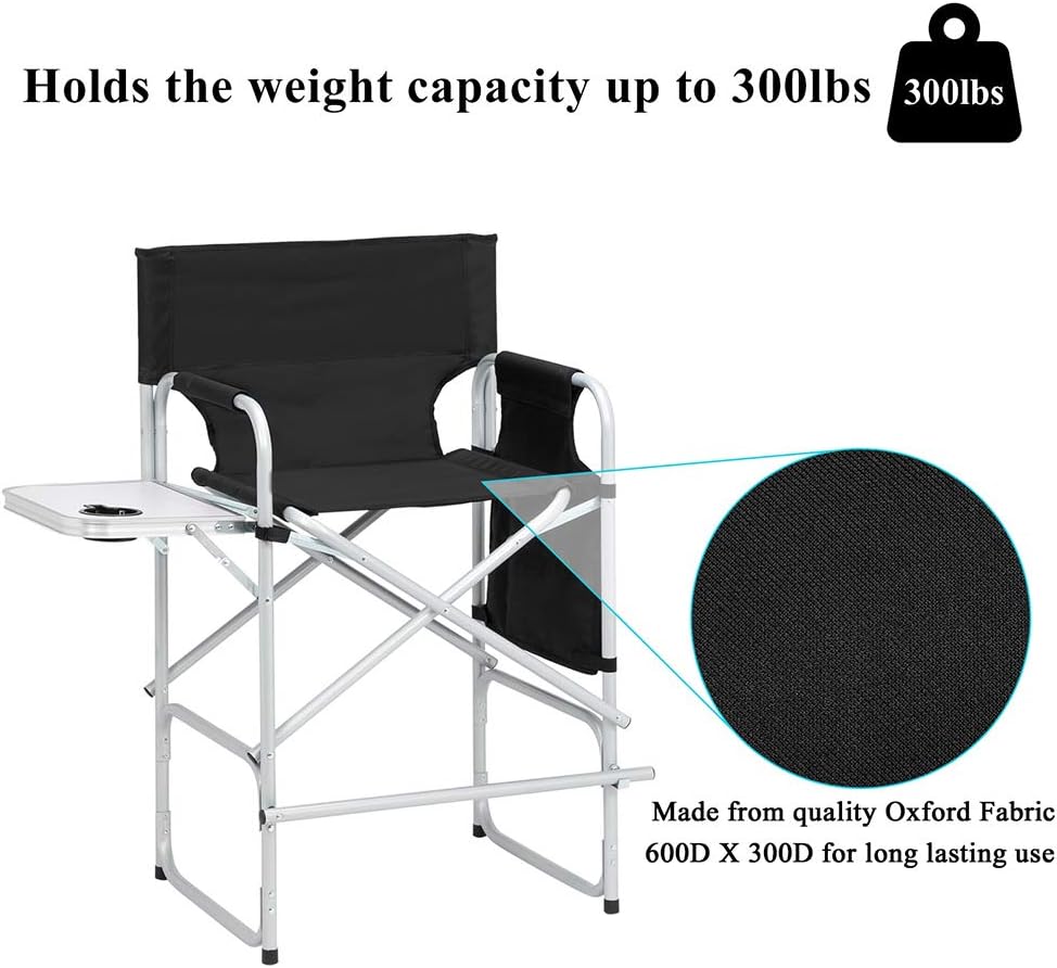 41" Tall Directors Chair,Tall Directors Chair Foldable Makeup Artist Chair Wide Body Seat Folding Camping Chairs with Side Table Storage Bag Cup Holder Footrest, Black