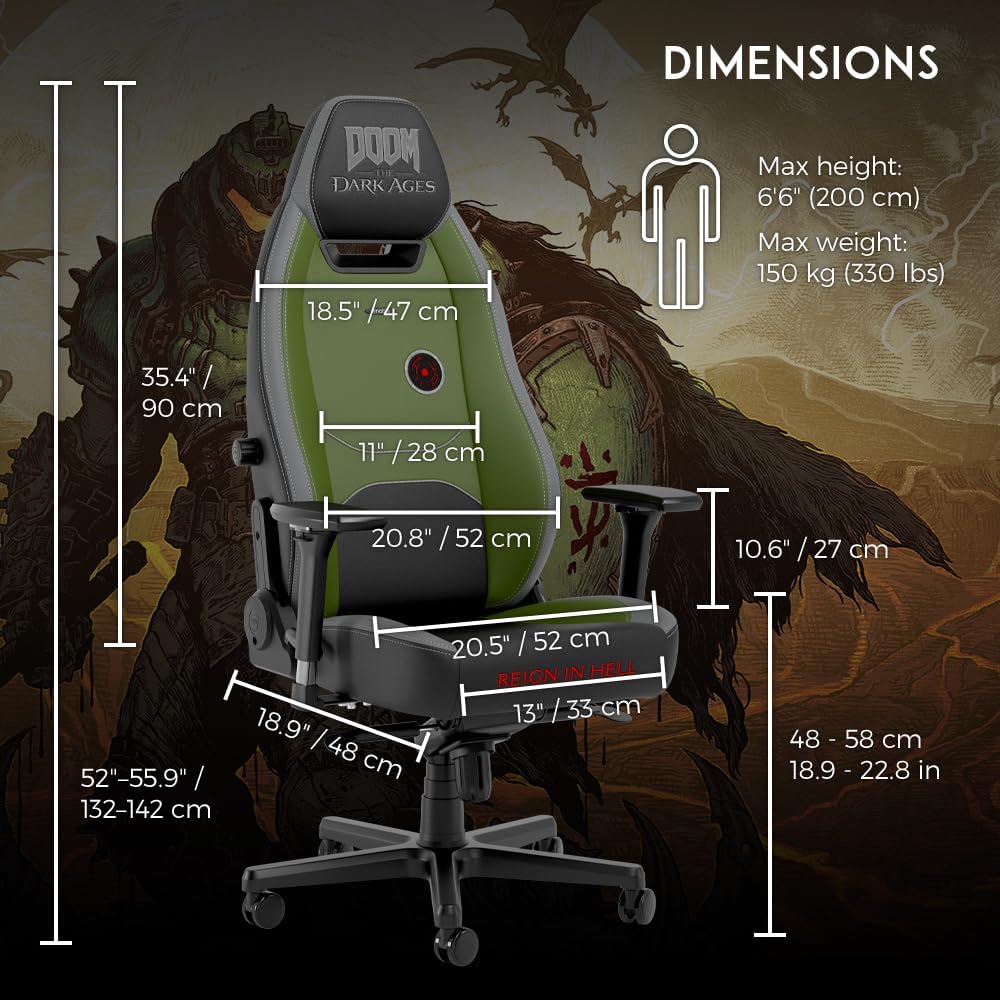 noblechairs Legend Gaming Chair – Doom: The Dark Ages Edition – Premium PU Leather, Adjustable Ergonomics, Lumbar Support, 4D Armrests – Officially Licensed Bethesda Collectible