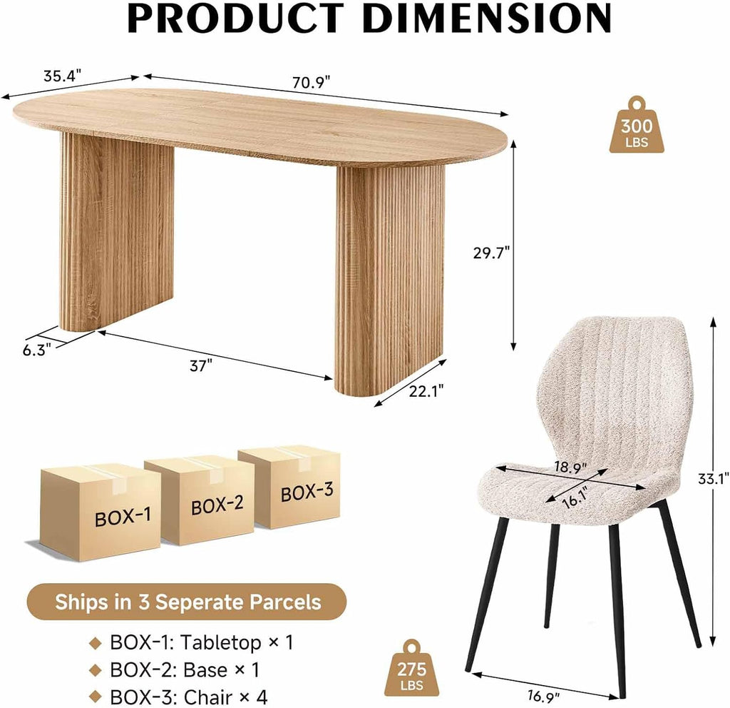 70.9" Large Dining Table Set for 4, [Rounded Edges] [Fully Assembled Table Base] Modern Wood Kitchen Dinner Table with 4 Boucle Chairs
