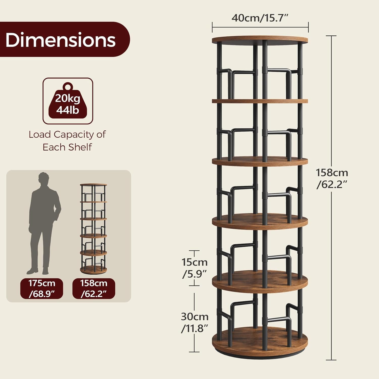 MAHANCRIS Rotating Bookshelf, 5-Tier Book Shelf, 360° Spinning Bookcase, Freestanding Storage Shelf with Guardrails, for Small Space, Living Room, Bedroom, Home Office, Rustic Brown and Black BKHR4501