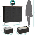 VASICAR 43.3" Wide Fabric Dresser for Bedroom, Chest of Drawers with 11 Deep Drawers, Multi-Drawers TV Stand TV Console, Storage Organizer for Closet, Nursery (Black)