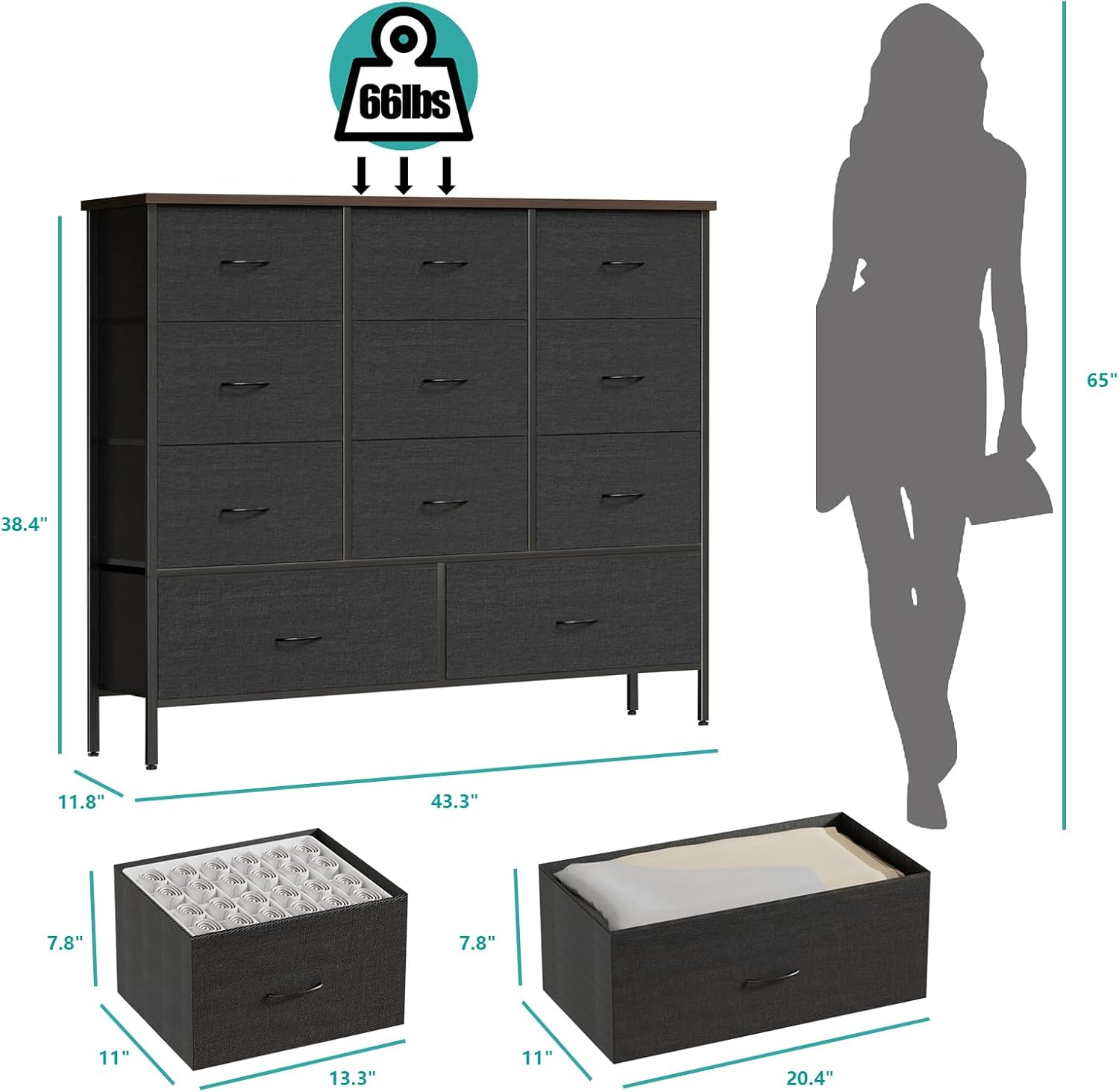 VASICAR 43.3" Wide Fabric Dresser for Bedroom, Chest of Drawers with 11 Deep Drawers, Multi-Drawers TV Stand TV Console, Storage Organizer for Closet, Nursery (Black)