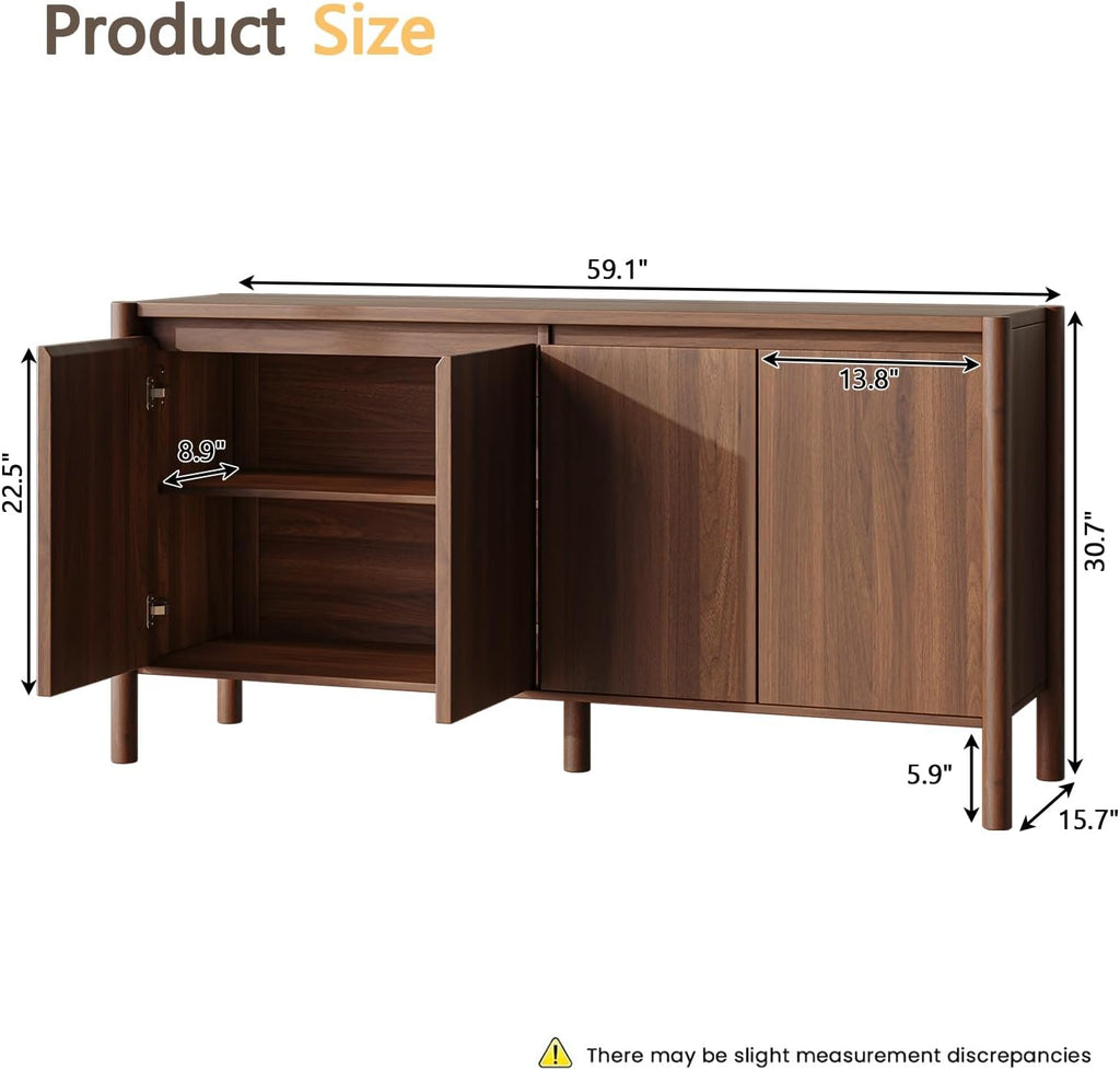 CHUWELL 59" Walnut Sideboard Buffet Cabinet, Mid Century Modern Storage Cabinet with 4 Doors & Adjustable Shelves, Coffee Bar Table with Solid Wood Legs for Dining Room, Living Room