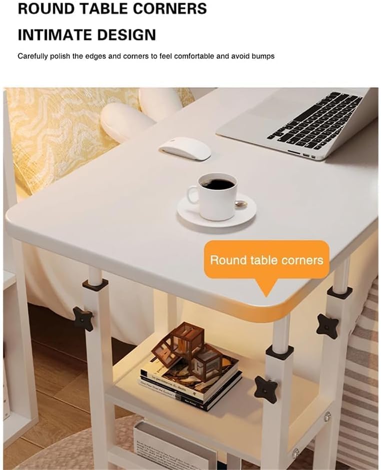 Height Adjustable c Table with Wheels, Small Overbed Tables, End Table with Storage Shelves, Sofa Desk Hospital Laptop Stand Drawing Desk Mobile Couch Snack Side Desks with Tiltable Drawing Board