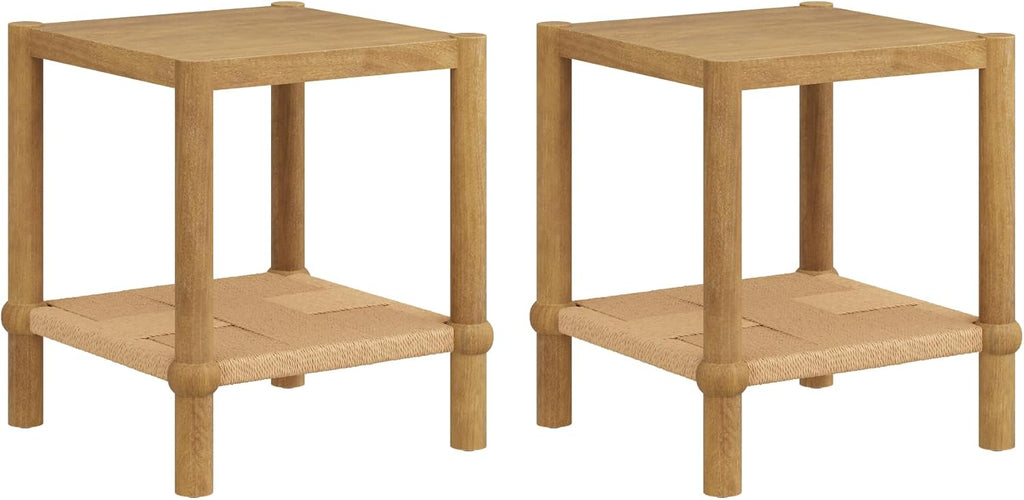 Nathan James River Modern Coastal Side Table with Solid Wood Legs and Seagrass Storage Shelf, Light Brown Set of 2