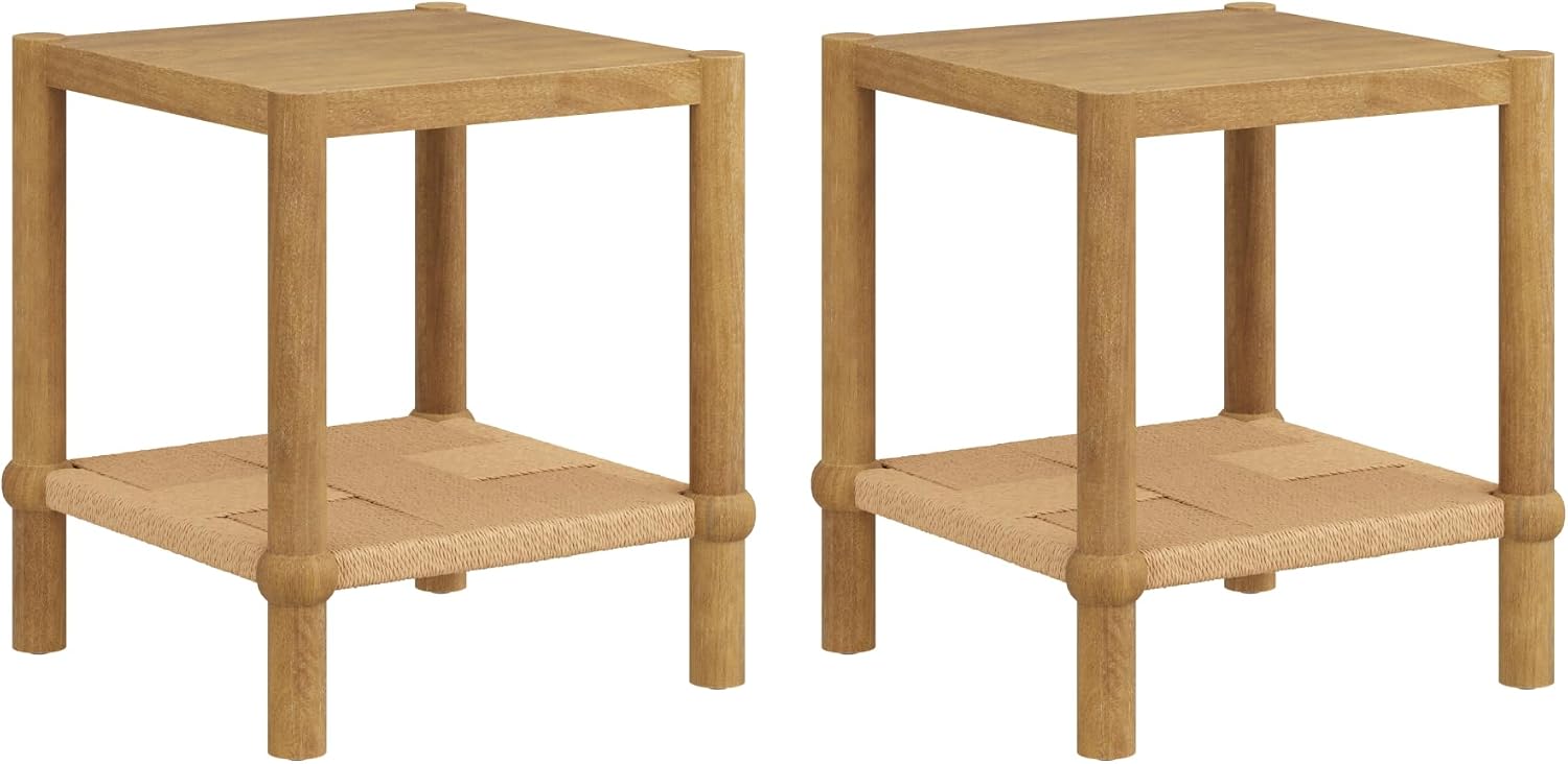 Nathan James River Modern Coastal Side Table with Solid Wood Legs and Seagrass Storage Shelf, Light Brown Set of 2