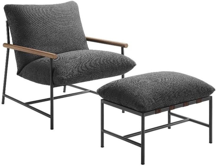 Modway Raya Outdoor Patio Sling Chair with Ottoman Set in Charcoal - Comfy Accent Lounge Chair and Footstool with Removable Boucle Fabric Cushions for Porch, Deck, Backyard