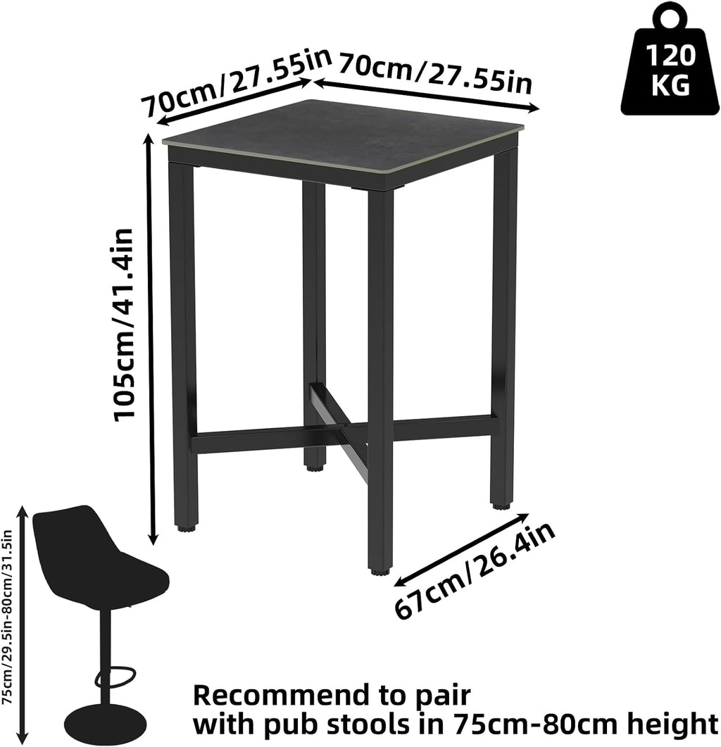 Wisfor Sintered Stone Bar Table: Black Mixed Grey Counter Height Dining Tables with Black Metal Frame - High Top Pub Bartables for Narrow Spaces (Square-Black)