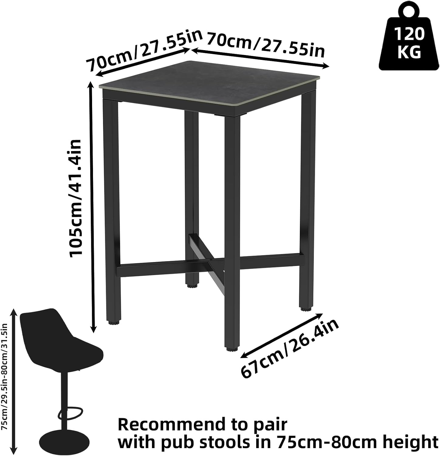 Wisfor Sintered Stone Bar Table: Black Mixed Grey Counter Height Dining Tables with Black Metal Frame - High Top Pub Bartables for Narrow Spaces (Square-Black)