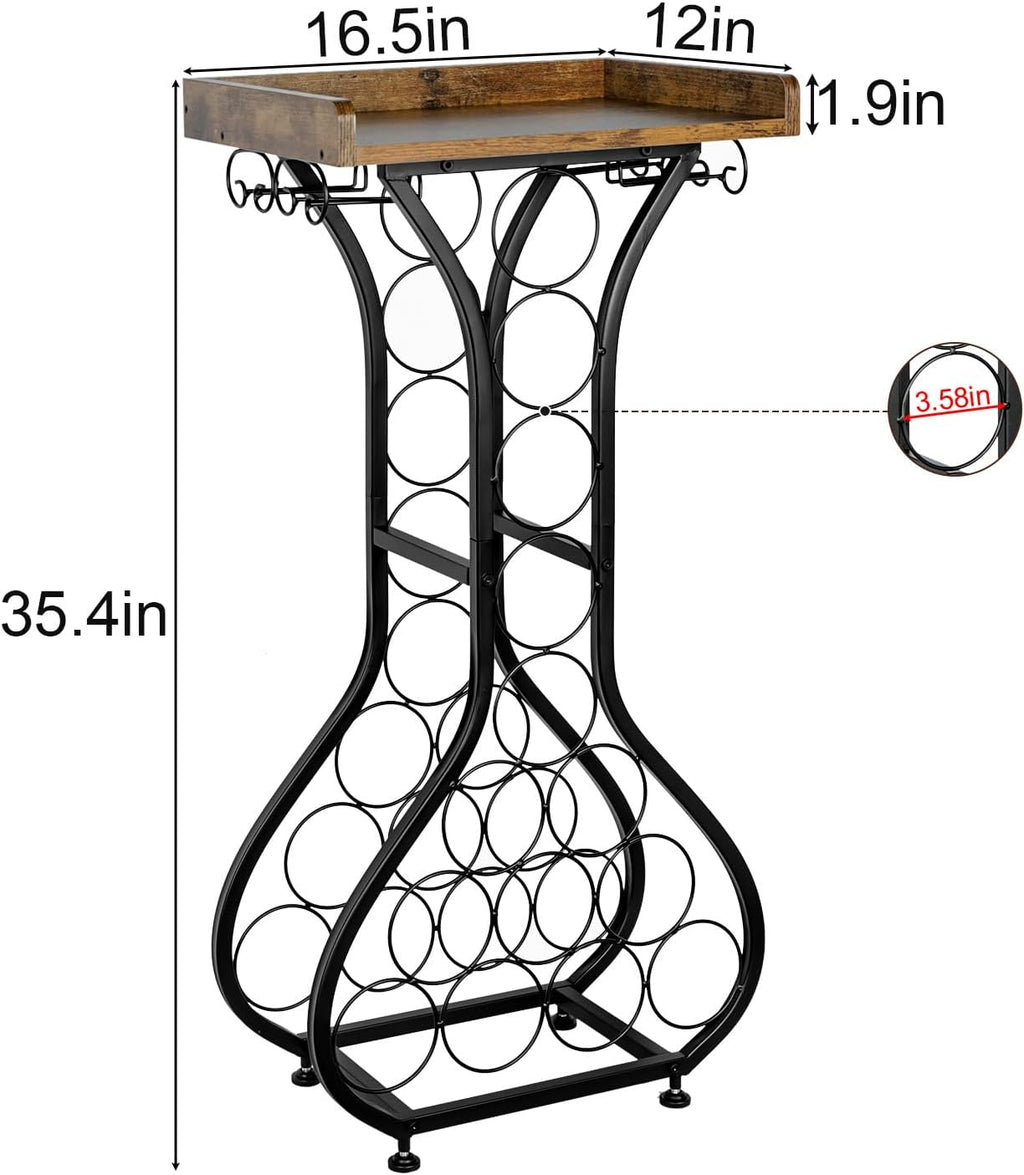 X-cosrack Wine Rack Freestanding Floor, Mini Bar Table Wine Holder Stand Liquor Cabinet with Glass Holder Wood Tabletop 14 Bottles Floor Wine Storage for Home Bar Kitchen Living Room