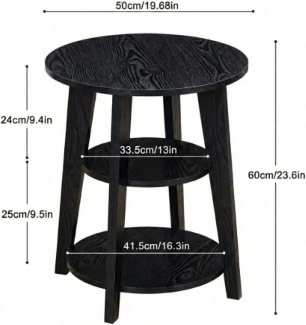 3-Tier Round Side Table - 23.6" Tall End Table with Storage Shelves - Waterproof Modern Nightstand for Living Room Bedroom Small Spaces (Black)