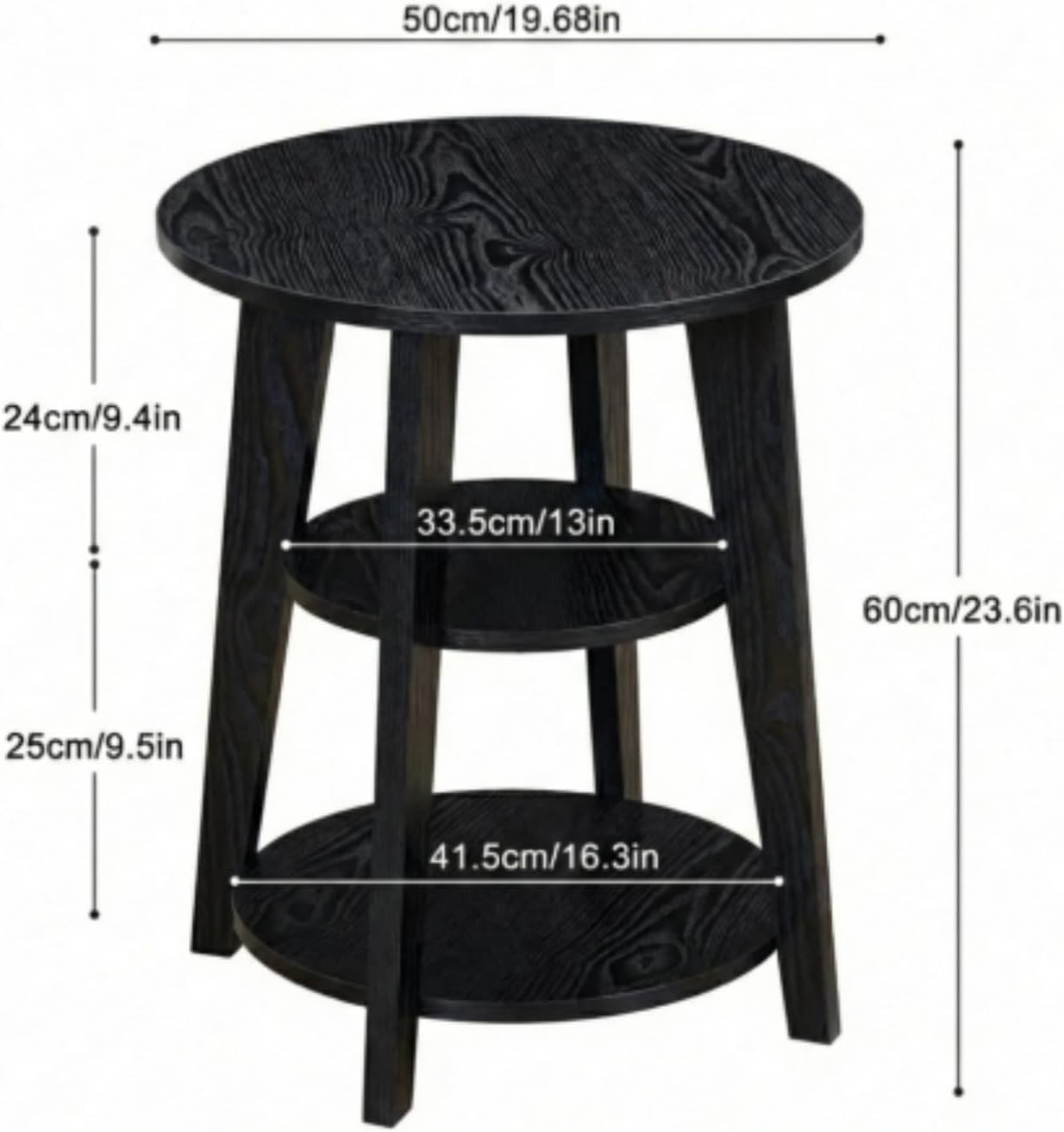 3-Tier Round Side Table - 23.6" Tall End Table with Storage Shelves - Waterproof Modern Nightstand for Living Room Bedroom Small Spaces (Black)