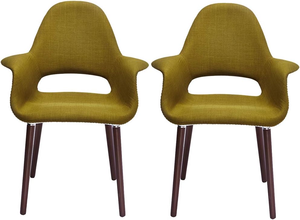 2xhome Mid Century Modern Upholstered Fabric Organic Accent Living Room Dining Chair Armchair Set with Back Armrest Dark Black Wood Wooden Legs for Kitchen Bedroom (2, Green, Dining)