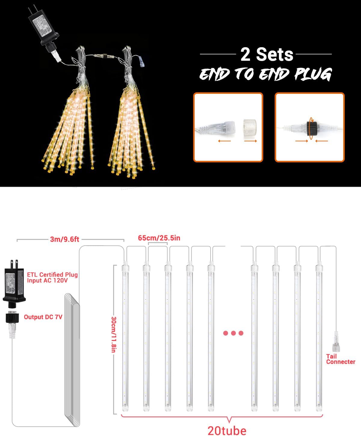 Flacchi Warm White 20 Tubes 480 LED Raindrop Meteor Shower Icicle Lights with Timer Function Cascading Falling Rain Lights for Holiday Party Christmas Decorations