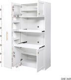 Kitchen Pantry Cabinet with 7-Tier Storage Cart, Farmhouse Storage Cabinet with 4 Doors & Pull-Out Shelves, Wood Pantry Hutch Organizer with Microwave Stand & Cable Holes, White