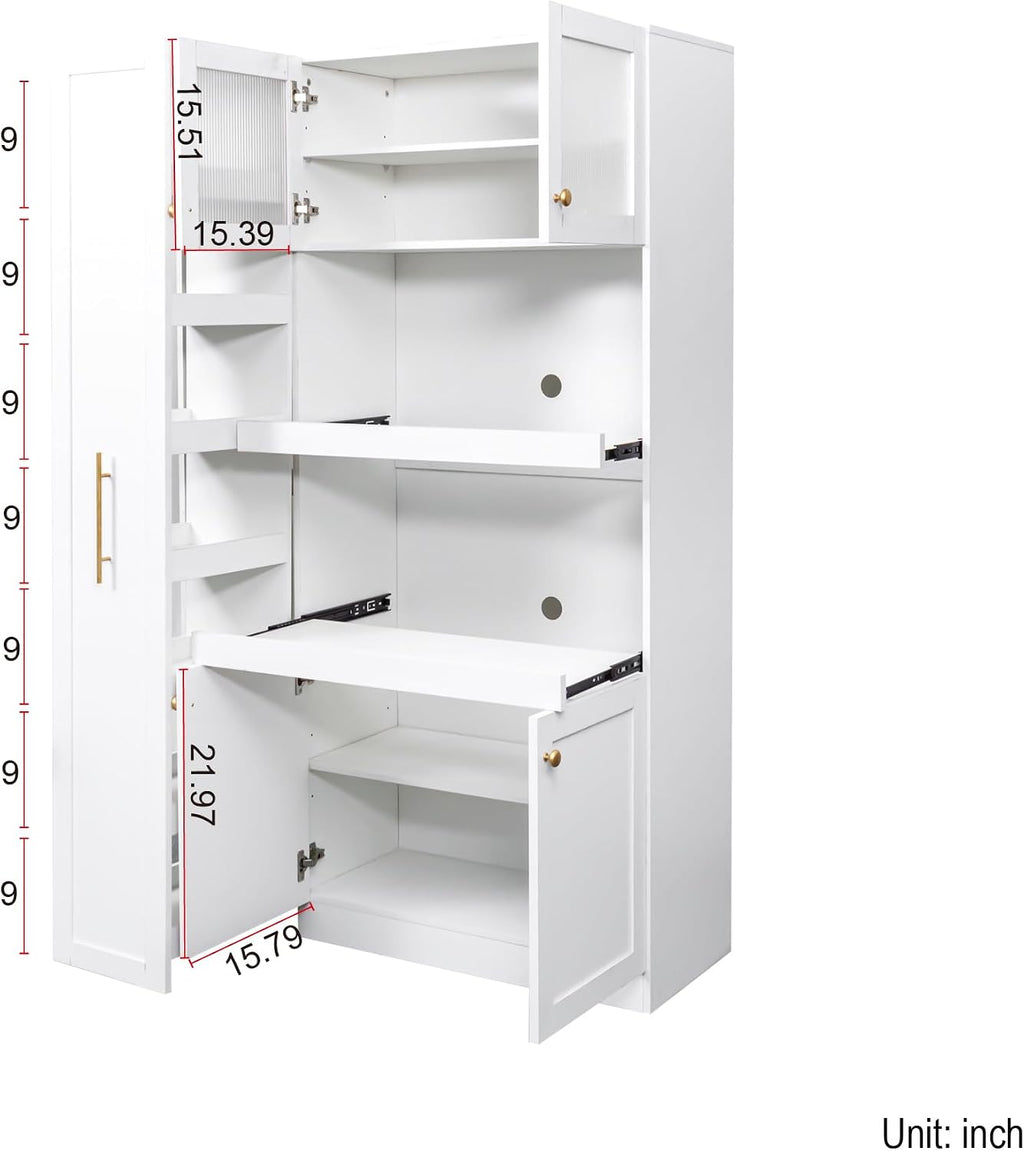 Kitchen Pantry Cabinet with Multi-Tier Pull-Out Shelf, Farmhouse Storage Cabinet with 4 Doors, Expandable Pull-Out Organizers, Freestanding Pantry Hutch for Kitchen Dining Room Living Room