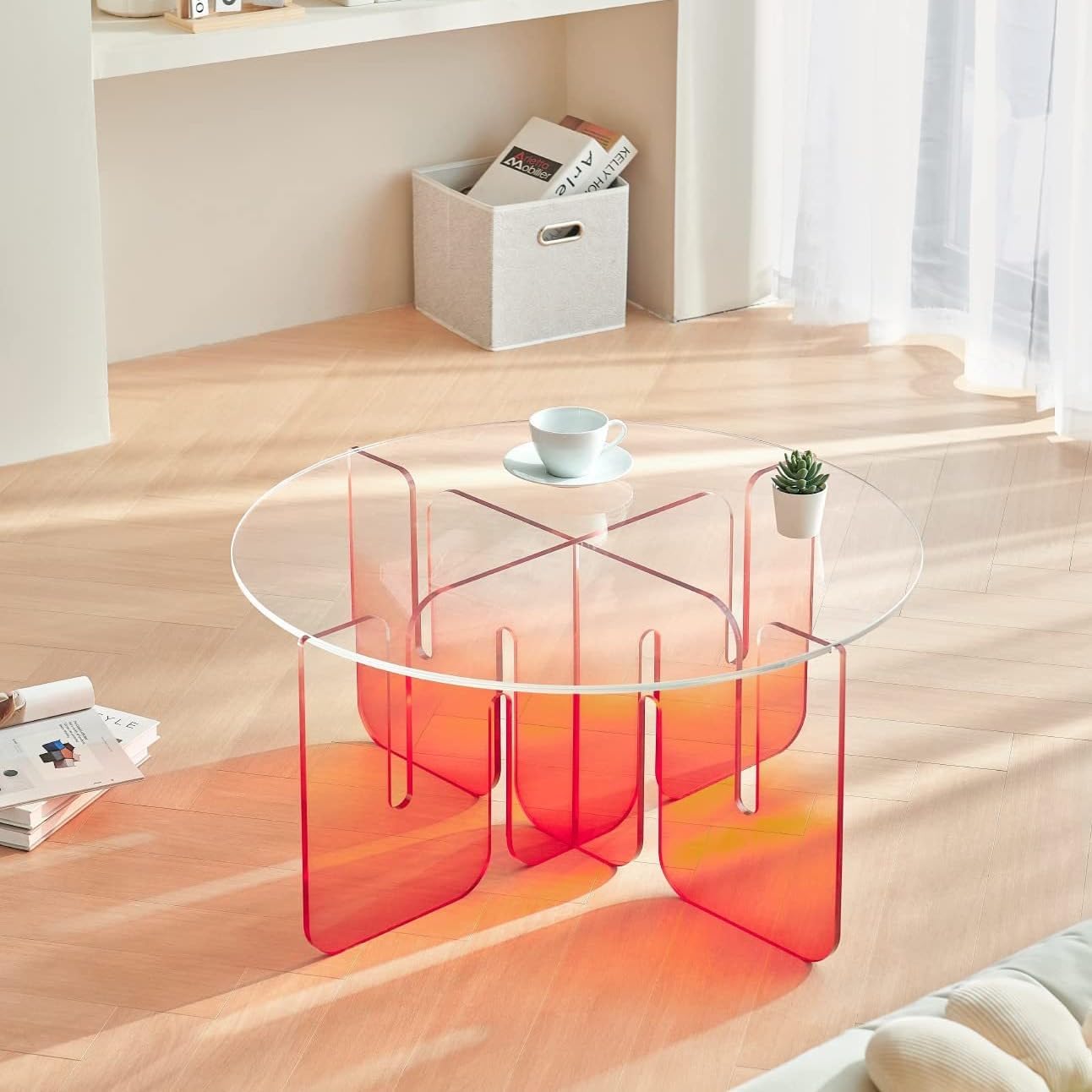 Acrylic Side Table, Clear Round Top Nightstand Easy Assembly, Transparent Bedside Table for Living Room, Bedroom, Small Spaces (Orange, 78.74x78.74x40.64cm)