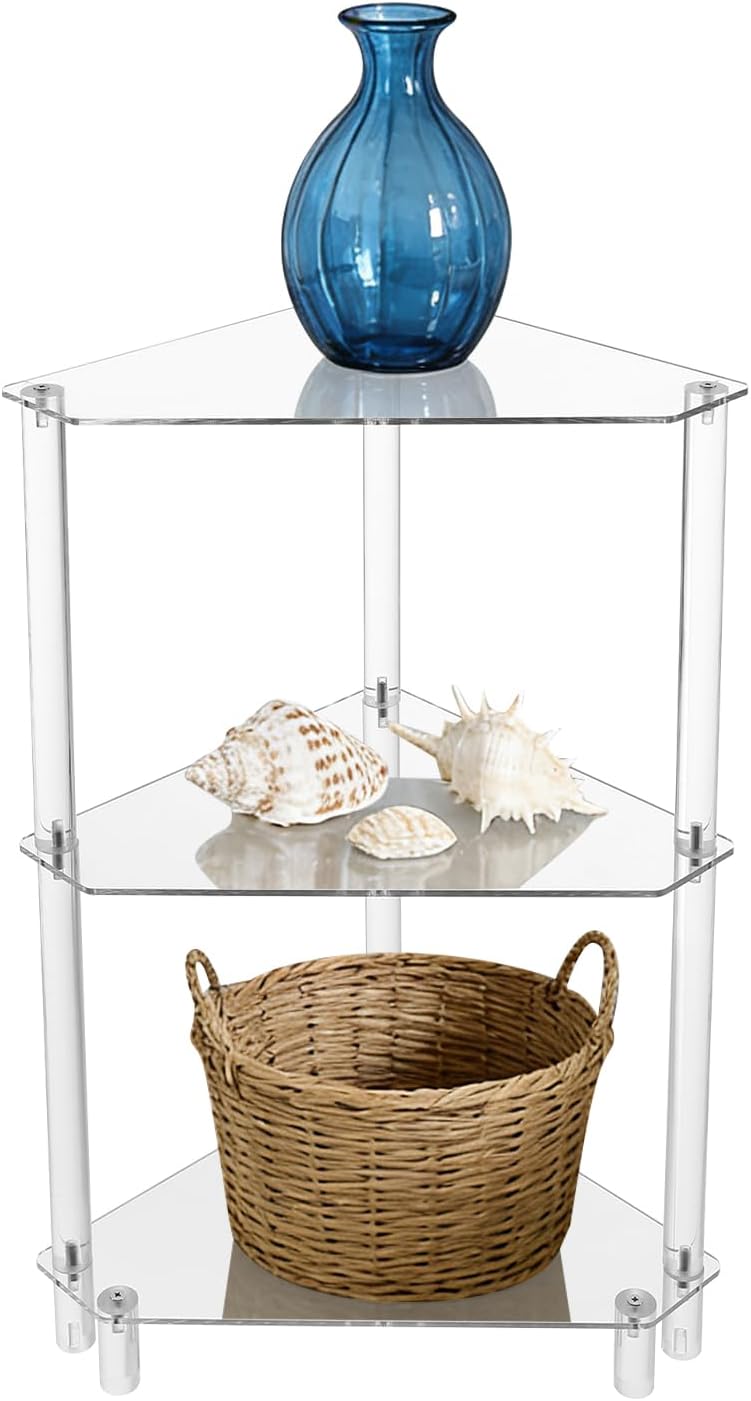 DYNAMI Clear Acrylic Side Table,3 Tier Triangle End Table Small Corner Accent Table for Small Spaces,Modern Corner Shelf for Living Room Bathroom Bedroom,Load Capacity 22lbs (White)