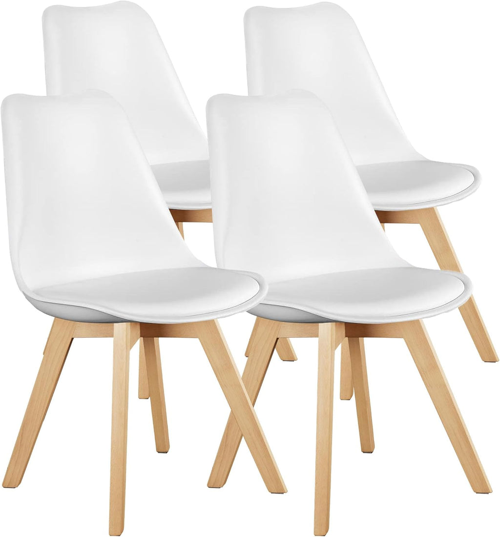 OLIXIS Dining Chairs Set of 4, Mid Century Modern Accent Chairs with Curved Backrest and Wood Legs, PU Leather Upholstered Kitchen Side Chairs for Living Room, Bedroom, Outdoor Patio, White
