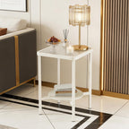 2-Tier Small End Table Side Table for Living Room, Boho Night Stand Square Nightstand with Tempered Glass Tabletop & Marble Storage Shelf, Accent Side Table for Small Spaces, Bedroom, Outdoor (White)