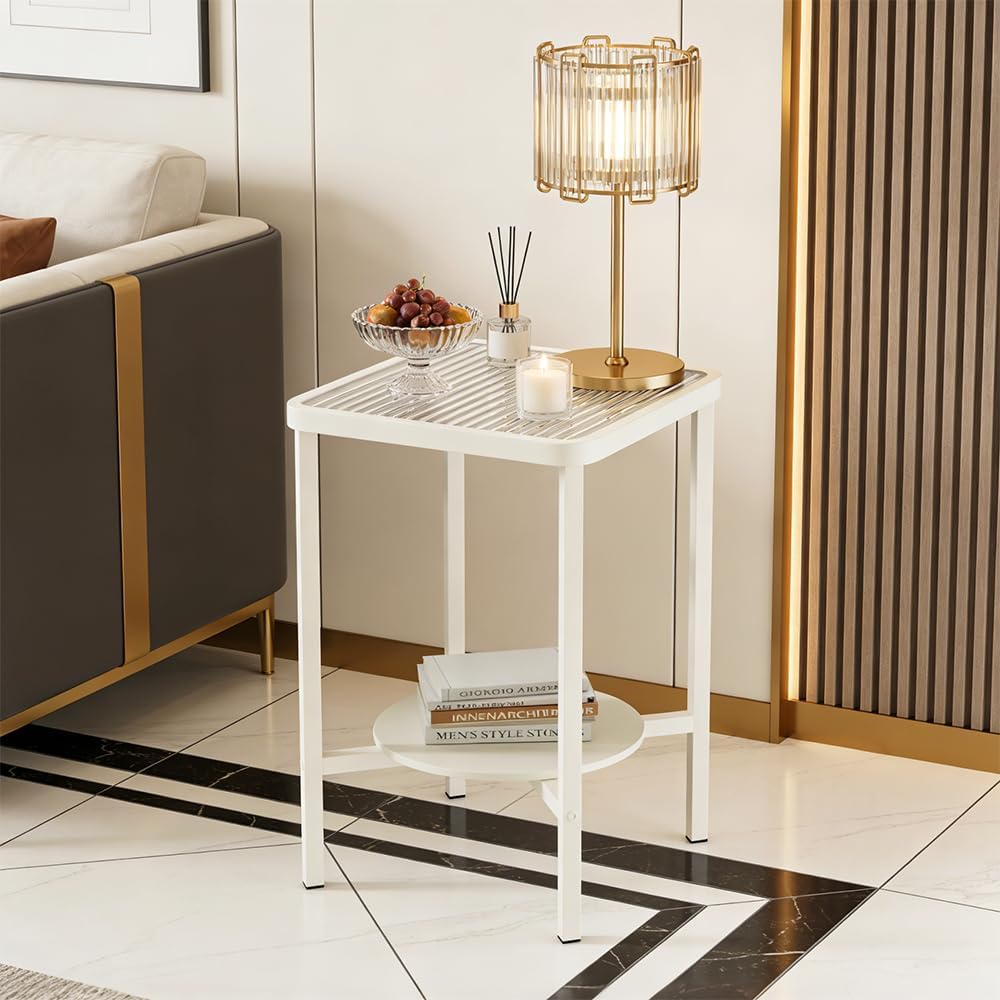 2-Tier Small End Table Side Table for Living Room, Boho Night Stand Square Nightstand with Tempered Glass Tabletop & Marble Storage Shelf, Accent Side Table for Small Spaces, Bedroom, Outdoor (White)