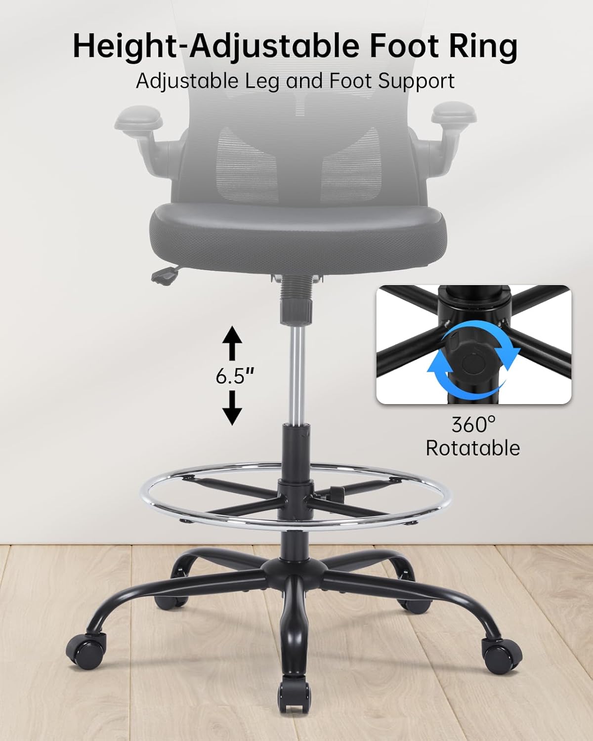 Drafting Chair Tall Office Chair with Flip-up Arms Adjustable Height Standing Desk Chair with Lumbar Support and Footrest Ring Ergonomic Executive Computer Chair Swivel Drafting Stool for Work/Drawing