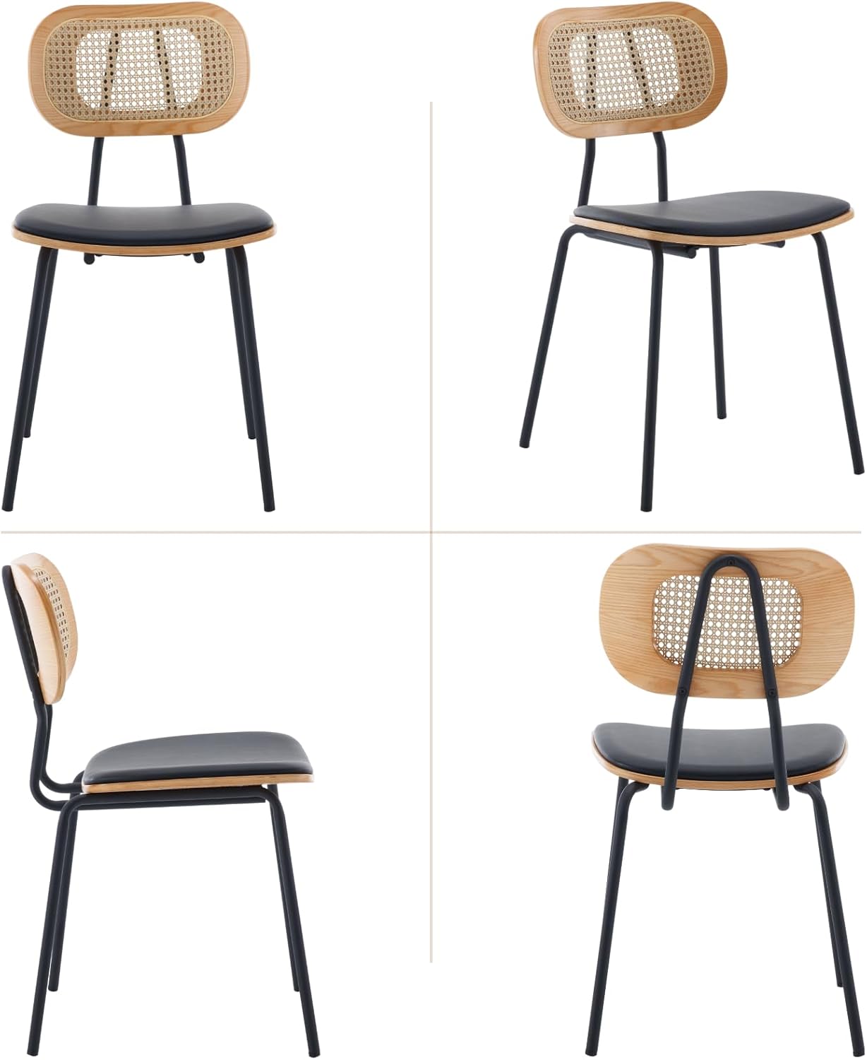 Ya-Home Mid-Century Modern Rattan Cane Back Dining Chairs Set of 4 — PU Leather Upholstered Seat, Black Metal Legs, Kitchen Side Chairs for Kitchen & Dining Room, Black