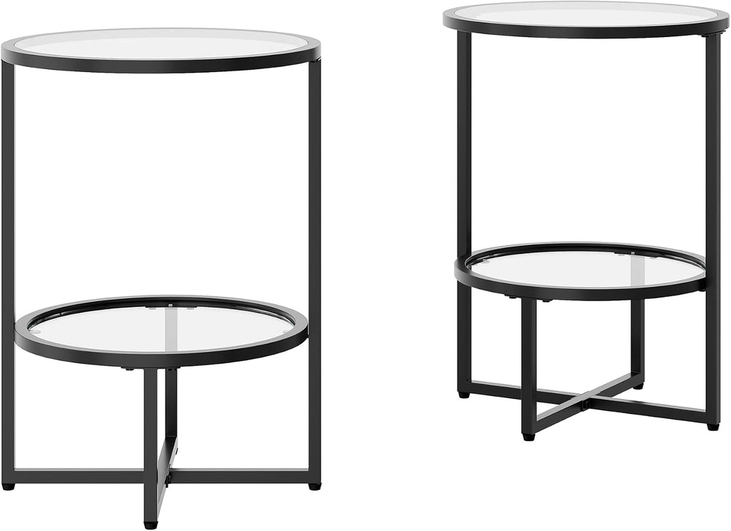 Cozy Castle End Tables Set of 2 for Living Room, Round Tempered Glass Side Tables with 2-Tier Storage Shelf, Modern Metal End Table for Couch, Bedroom, Apartment, Black