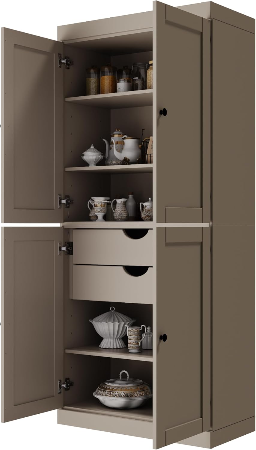 Palace Imports Solid Wood Kitchen Pantry Cabinet - 71.5" Tall x 32" Wide - Wooden Storage Cabinet with 4 Shaker Doors, 2 Drawers & 4 Adjustable Shelves, Beige, 100% Eco-Friendly Wood, Made in Brazil