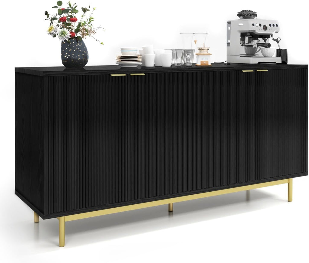 MUUEGM Buffet Cabinet with Storage, 58" Fluted Sideboard Kitchen Storage Cabinets with Shelves and 4 Doors, Modern Wood buffets & Sideboards for Dinging Room, Living Room, Black Storage Cabinet