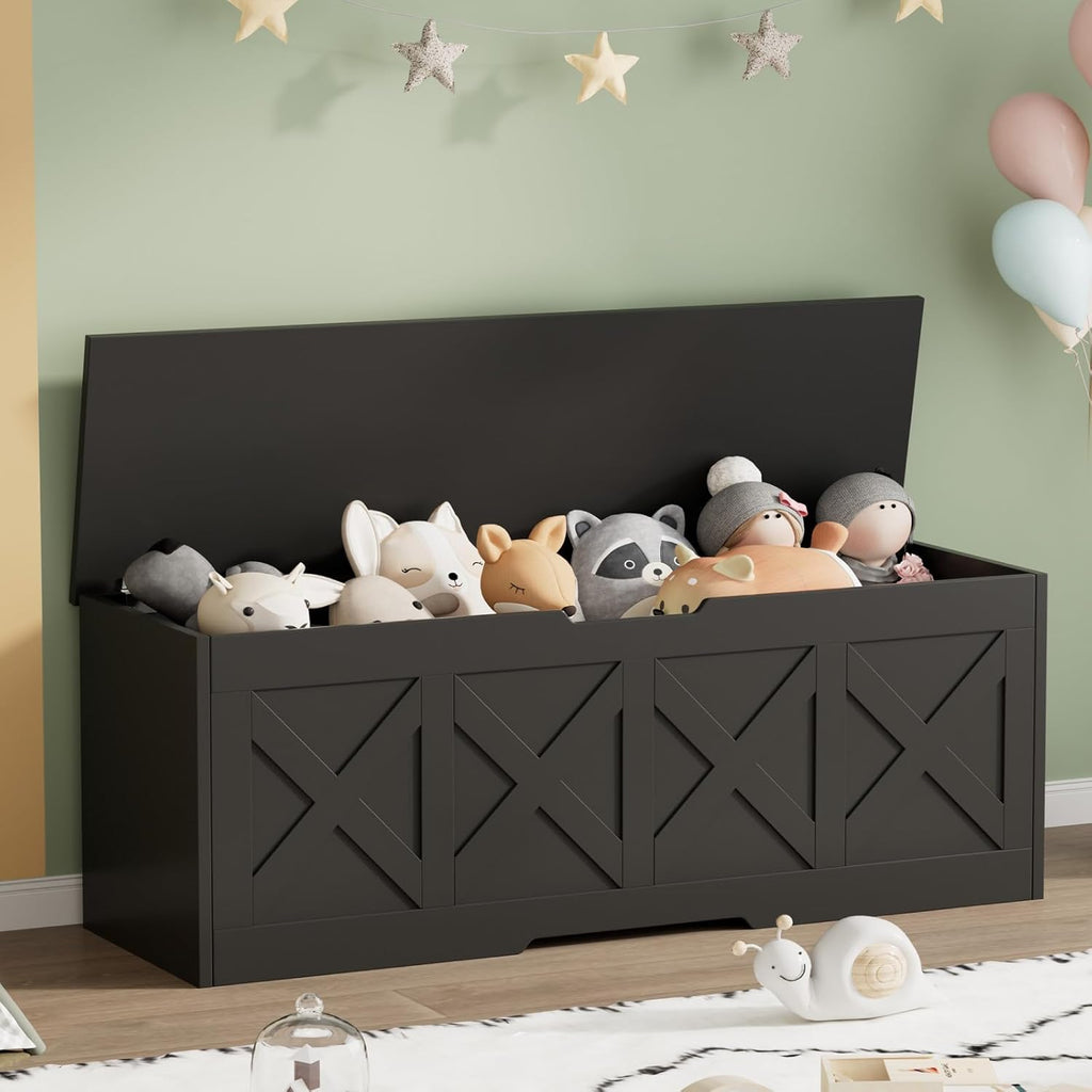 Homleke 47.2" Extra-Large Wooden Storage Chest – Farmhouse Toy Box, Entryway Bench, Bedroom Storage, Safety Hinge, Easy Assembly, Black