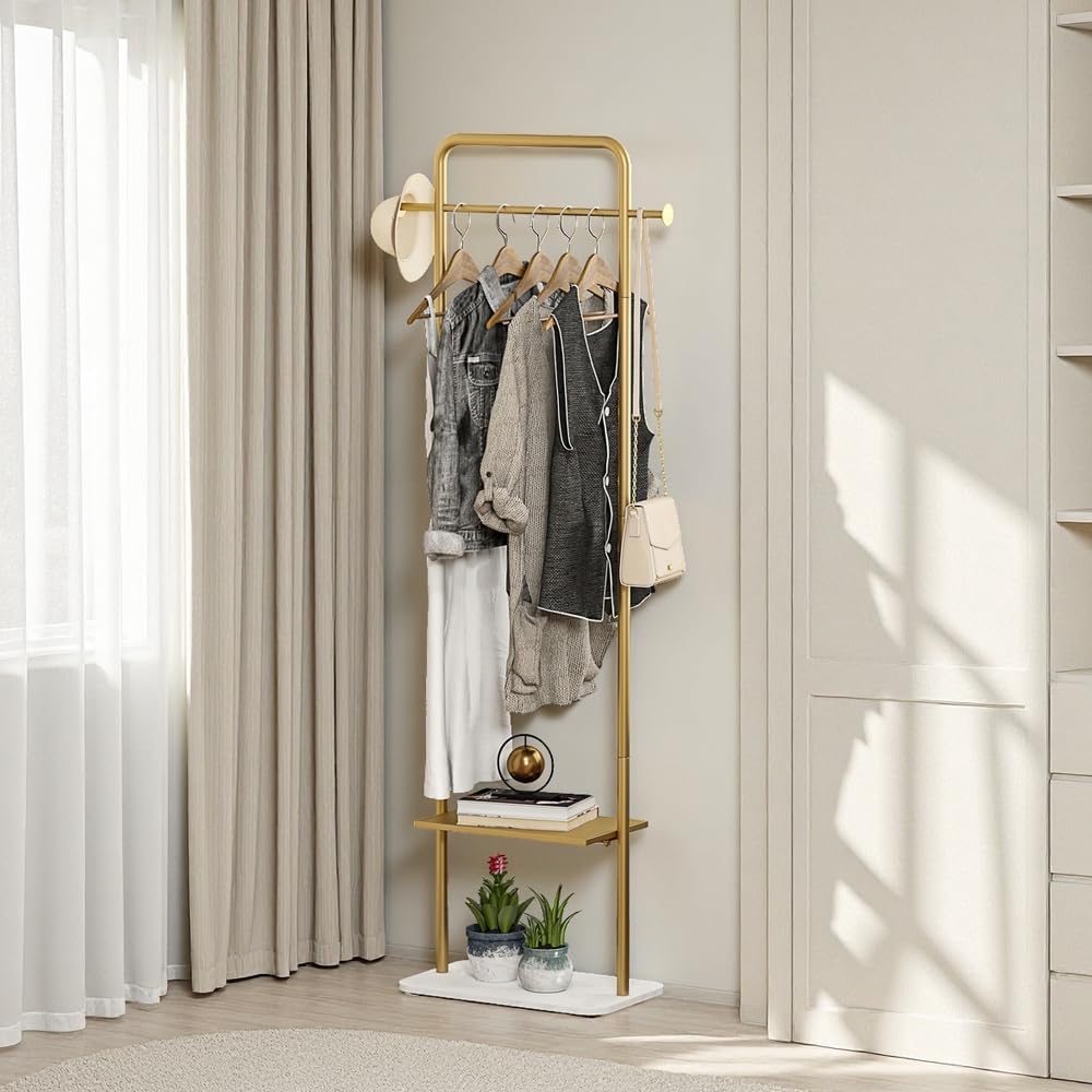 KaKaBB Gold Clothing Rack, Freestanding Coat Rack with Metal Shelves and Natural Marble Base, Small Clothes Stand Organizer for Bedroom, Entryway, Apartment (Gold, 19.7")