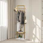 KaKaBB Gold Clothing Rack, Freestanding Coat Rack with Metal Shelves and Natural Marble Base, Small Clothes Stand Organizer for Bedroom, Entryway, Apartment (Gold, 19.7")