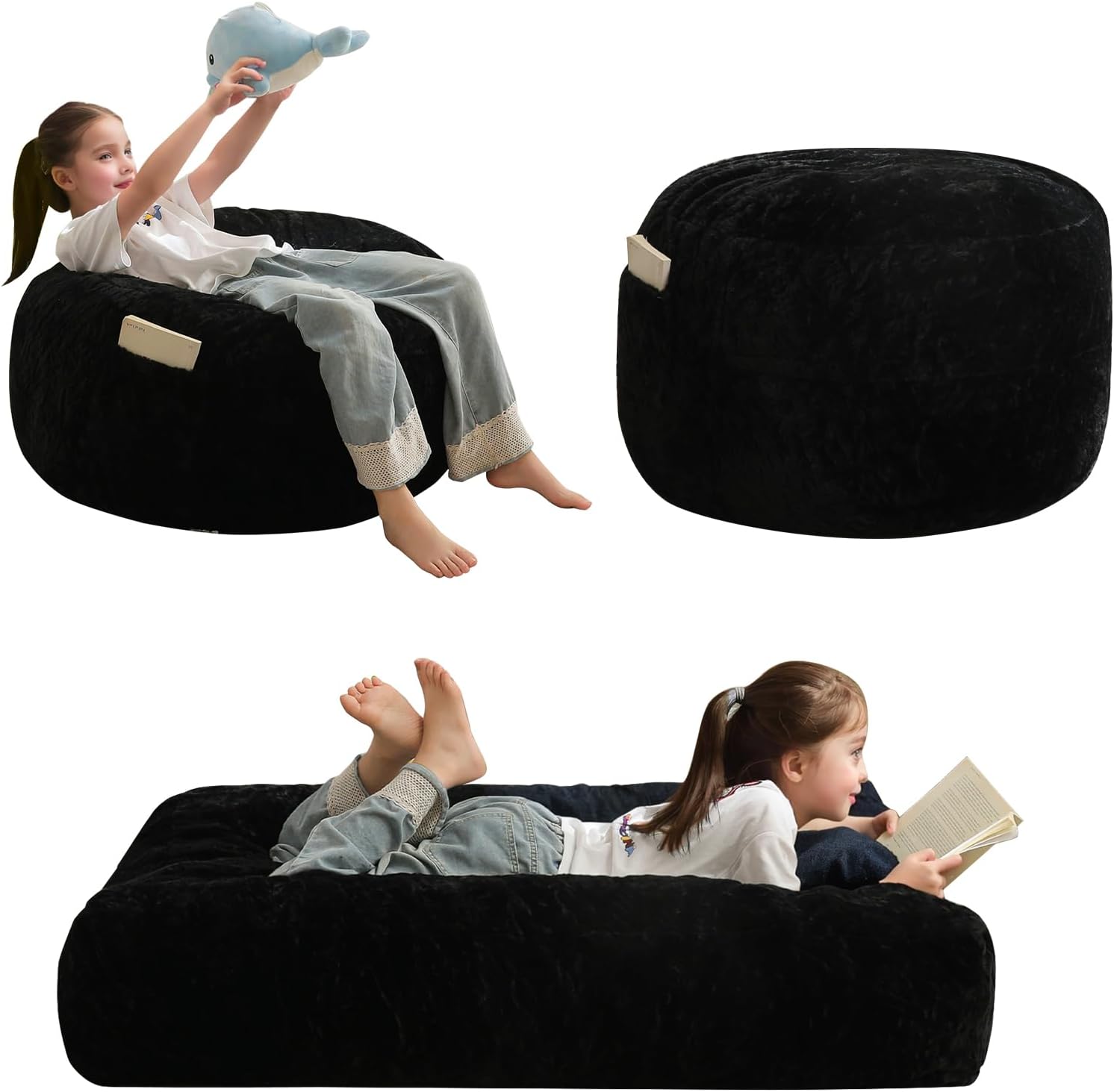 MAXYOYO Bean Bag Chair Bed for Kids, Convertible Bean Bag Folds from Lazy Chair to Floor Bed, Stuffed Floor Sofa Couch Sofa Bed for Boys and Girls, High-Density Foam Filling, Black