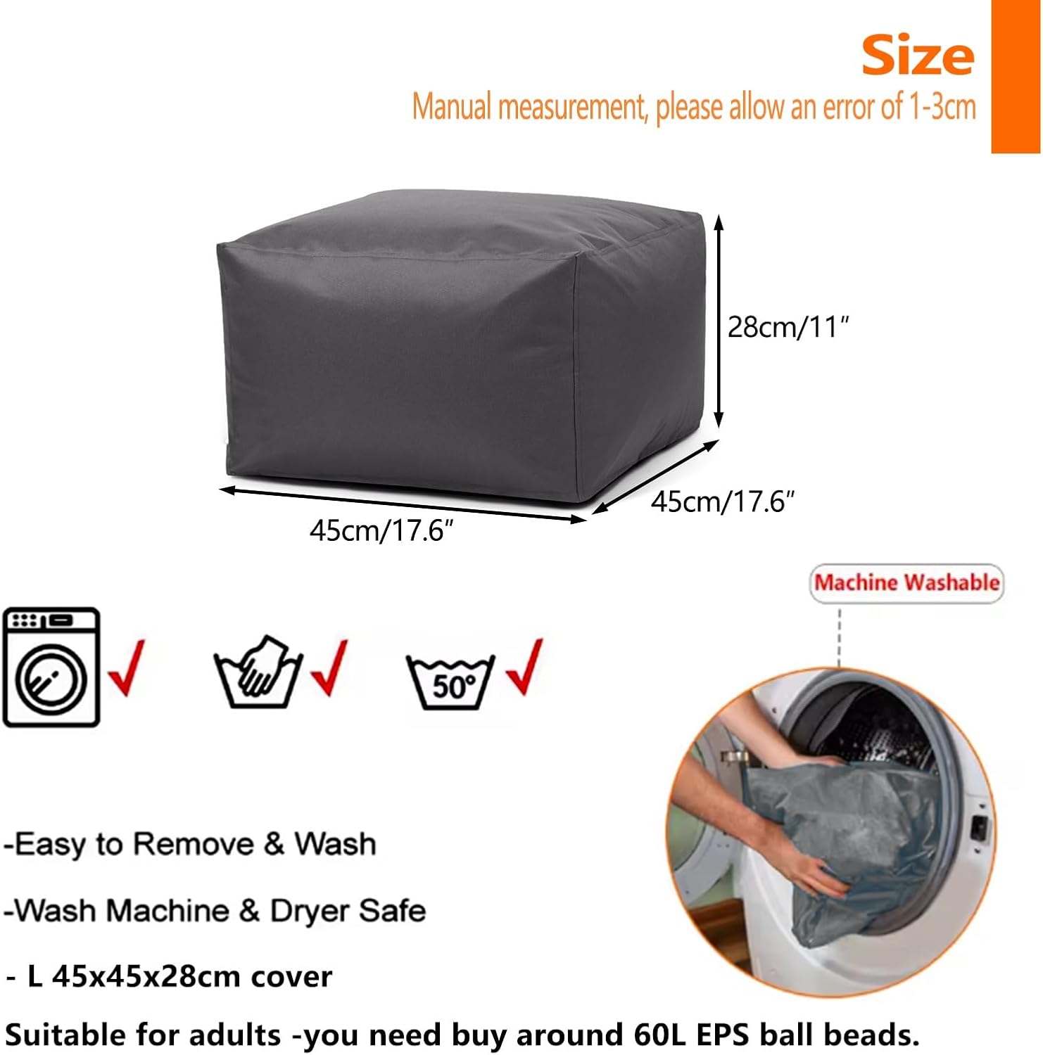 SXBCyan Waterproof Square Pouf Ottoman Cover Footstool Without Filler Outdoor Beach Garden Beanbag Pouf Puff Salon Floor Seat Futon Stool Bench (Color : Navy Blue, Size : L-45x45x30cm-cover)