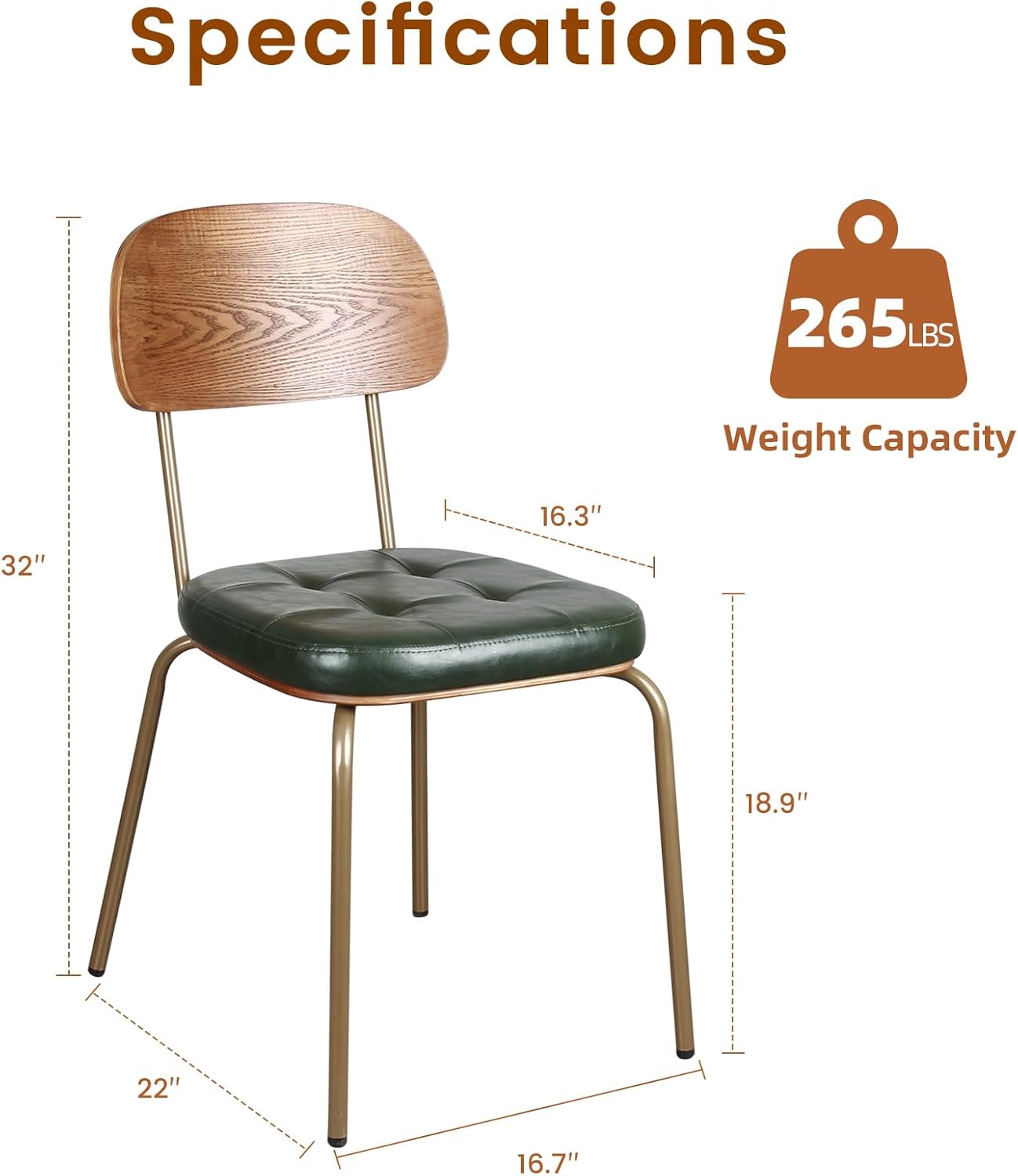 Dining Chairs Set of 4, Upholstered Mid-Century Faux Leather Cushion Seat & Metal Legs with Wood Backrest Easy Assembly Stackable Chairs for Living Room, Kitchen, Restaurant - Dark Green