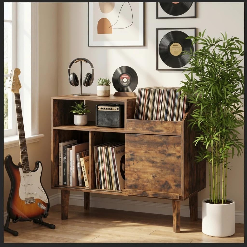MAHANCRIS Record Player Stand with Vinyl Storage, Large Turntable Stand Cabinet Holds up to 250 Albums, Mid Century Record Storage for Living Room, Bedroom, Rustic Brown MSRB0201