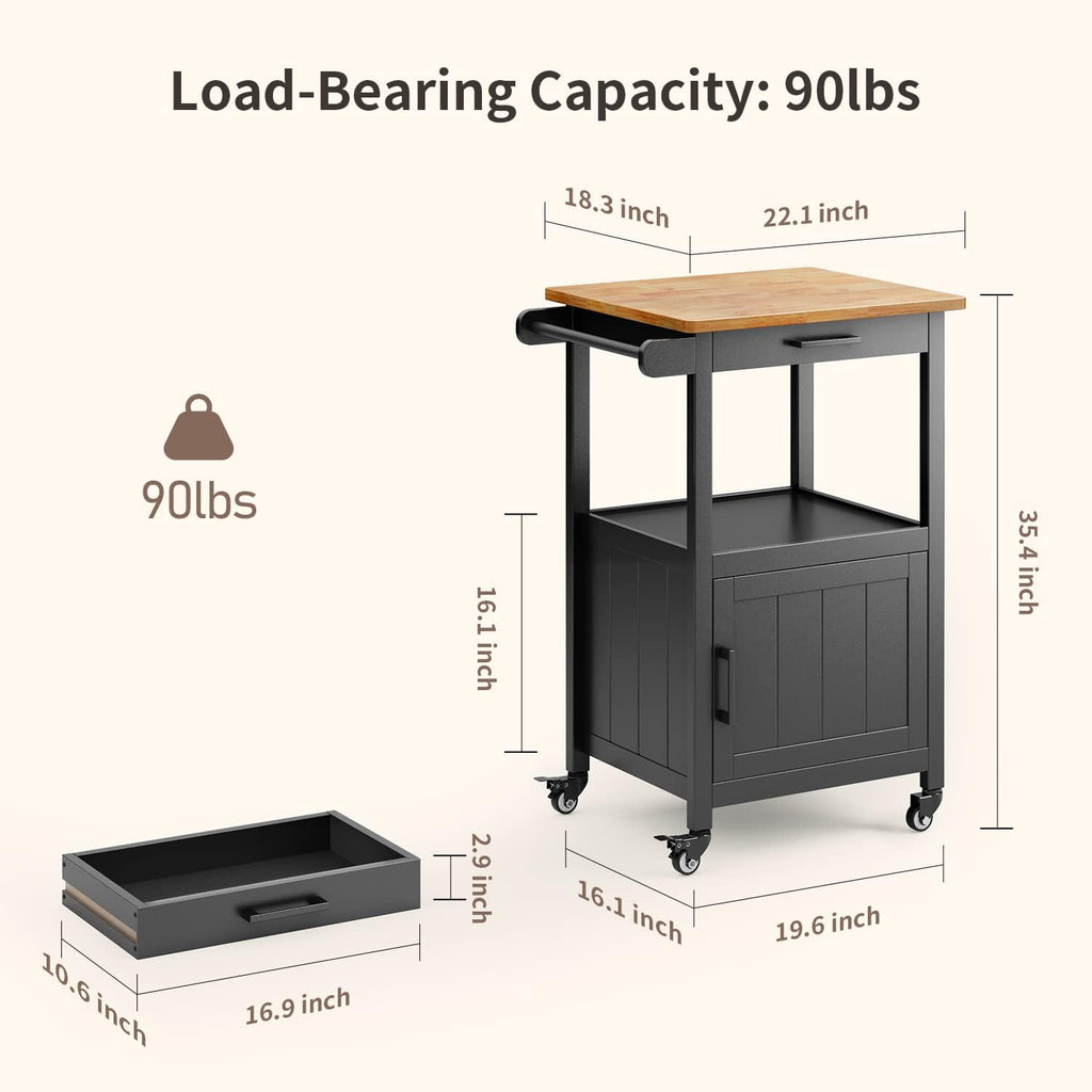 Qsun Microwave Cart, Microwave Stand | Kitchen Island on Wheels, Rolling Kitchen Cart with Rubber Wood Countertop, Side Hook, Microwave Cart for Small Space