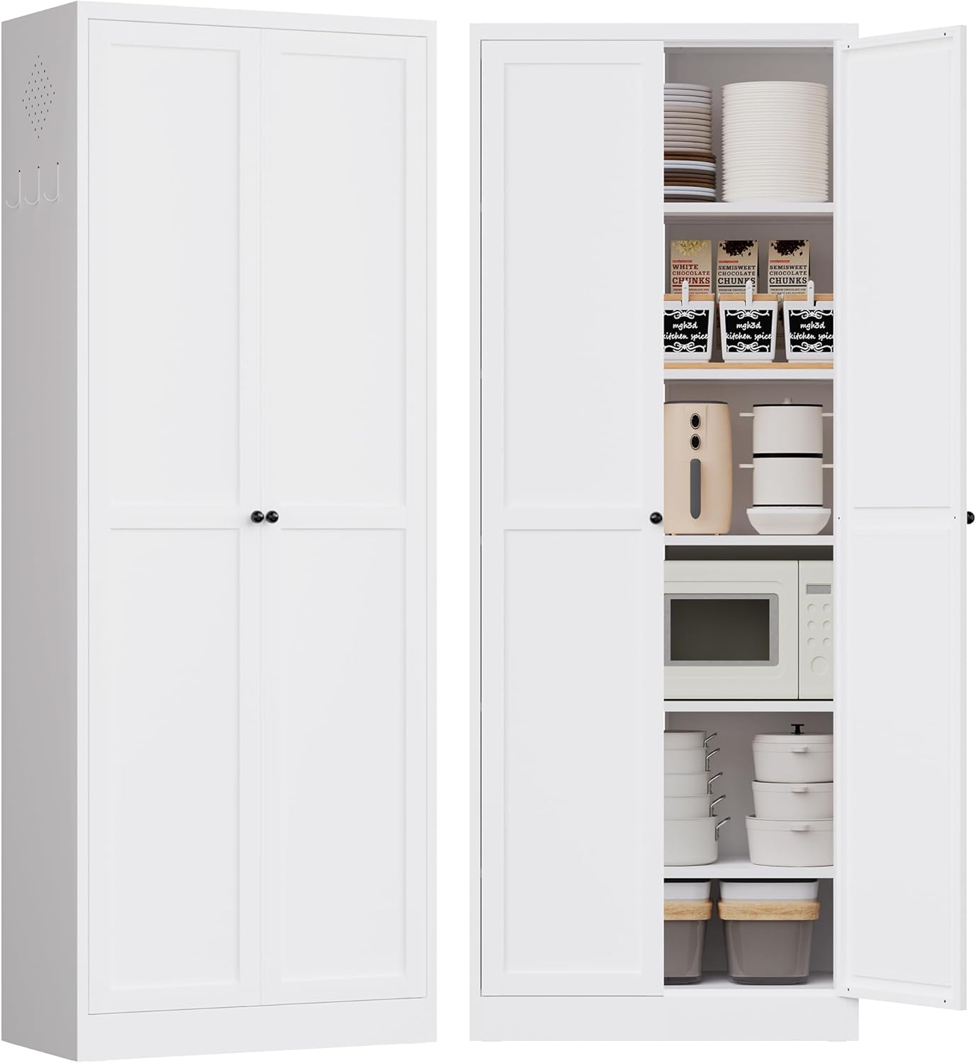 72" Tall Kitchen Pantry Cabinet,White Metal Pantry Cabinet with 2 Doors & 5 Adjustable Shelves,Utility Storage Cabinet for Living Room,Garage,Basement