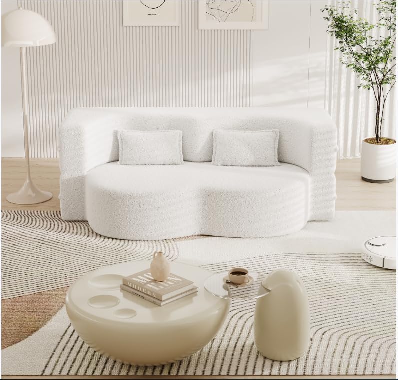 Modern Floor Sofa with 2 Pillows,Convertible Teddy Fabric Foam-Filled Sleeper Sofa Bed,15" Full Size Folding Mattress for Living Room, Guest Bed, Playroom,no Assembly Required (White@091)