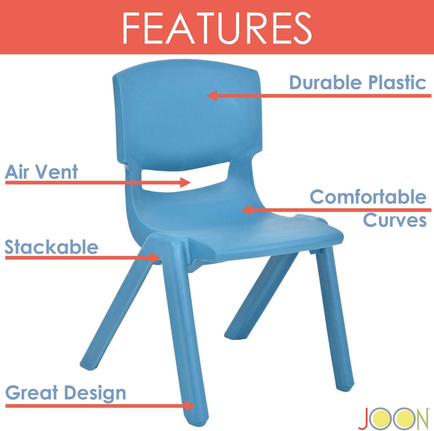 JOON Stackable Plastic Kids Learning Chairs, (2-Pack), 20.5x12.75X11 Inches, The Perfect Chair for Playrooms, Schools, Daycares and Home, Sky Blue